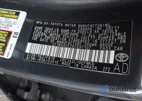 2011 Toyota Corolla Le из США, поврежденный, VIN 2T1BU4EE2BC697107